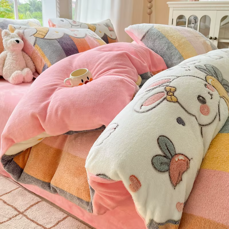 Housse de couette en flanelle imprimée lapin de dessin animé mignon 1 pièce – literie en peluche ult
