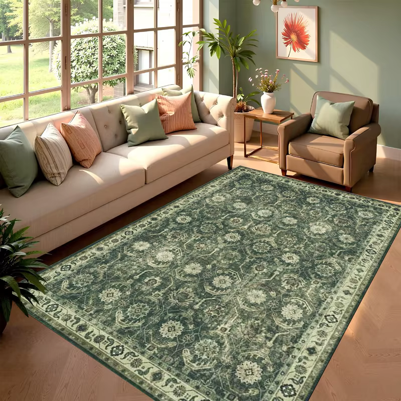 Tapis vintage vert à motif floral persan, tapis de sol doux antidérapant, tapis bohème traditionnel,