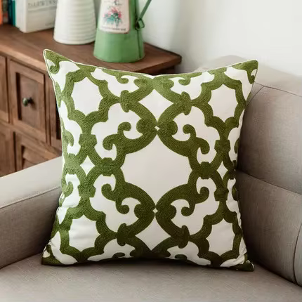 Housse de coussin brodée, carrée, en coton vert, toile géométrique, décoration de la maison, 45x45cm