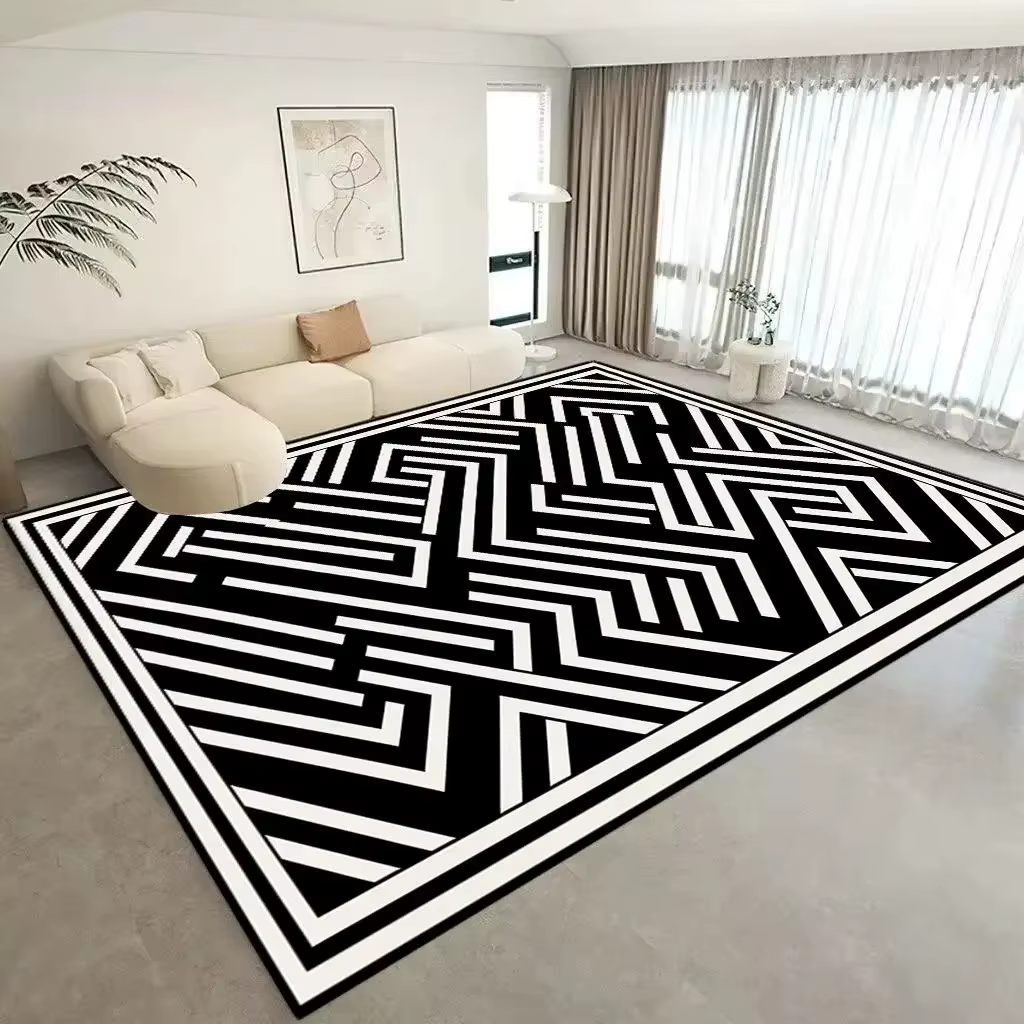 Tapis lavable minimaliste moderne pour salon noir et blanc, décor antidérapant de grande surface