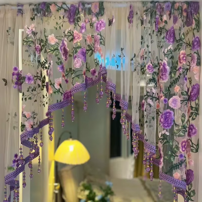 Rideau en dentelle brodé de fleurs de pays, pour fenêtre de cuisine, luxe perlé, Voile Vintage, Tria