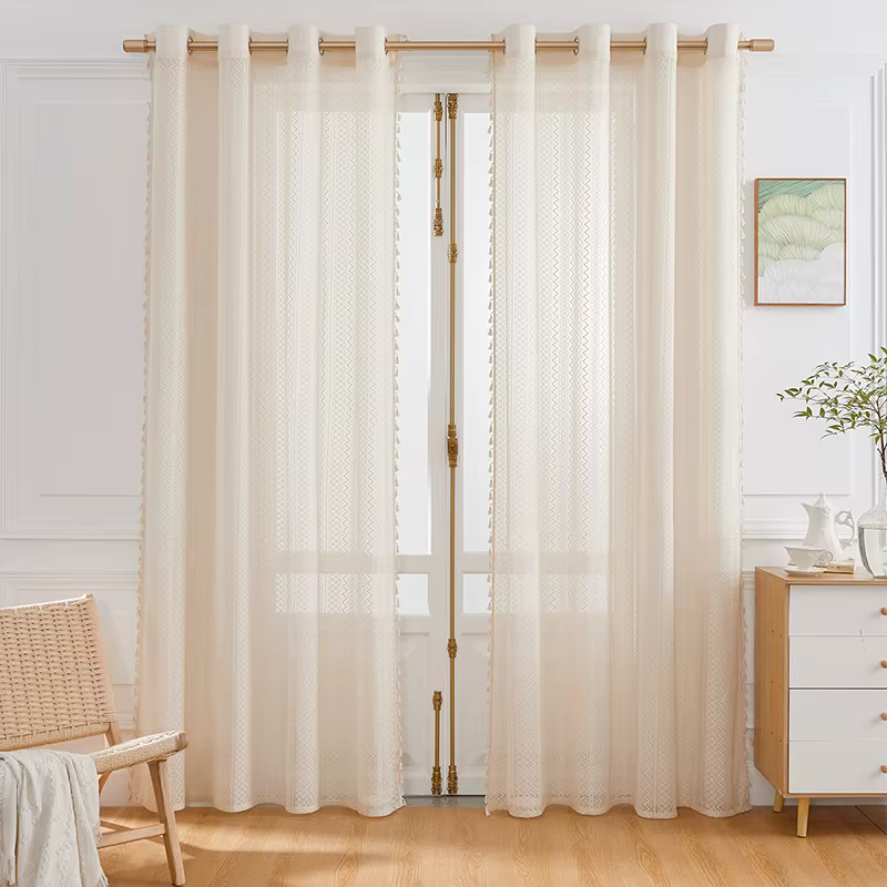 Rideaux Beige Style Wabi-Sabi en Coton et Lin, Rideaux de Fenêtre à Motifs Géométriques Ondulés, Écr