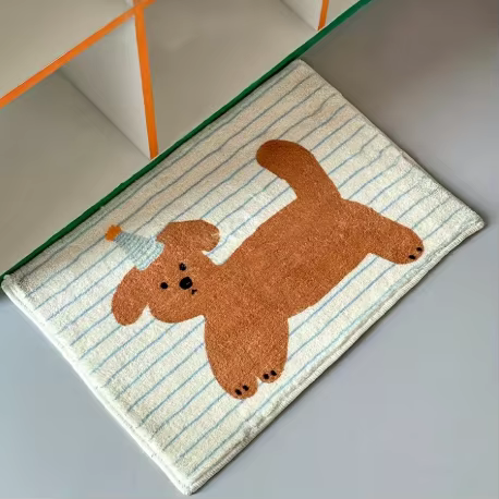 Tapis de salle de bain rayé bleu, motif chiot brun, tapis doux et confortable, adapté à la décoratio