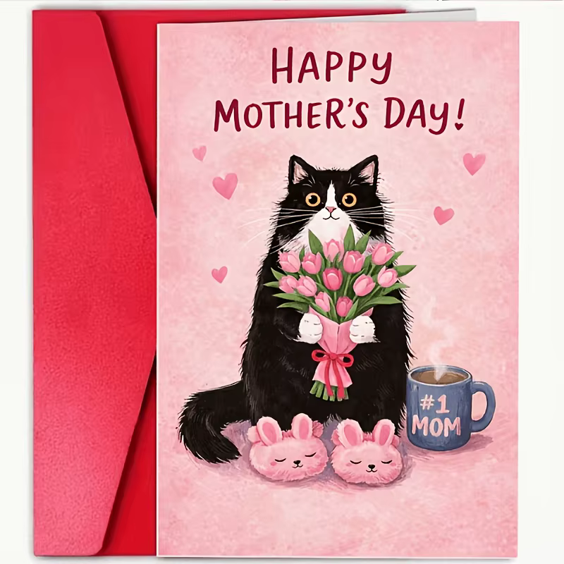 Carte de vœux chaleureuse pour la fête des mères, avec un chat noir et blanc tenant des tulipes rose