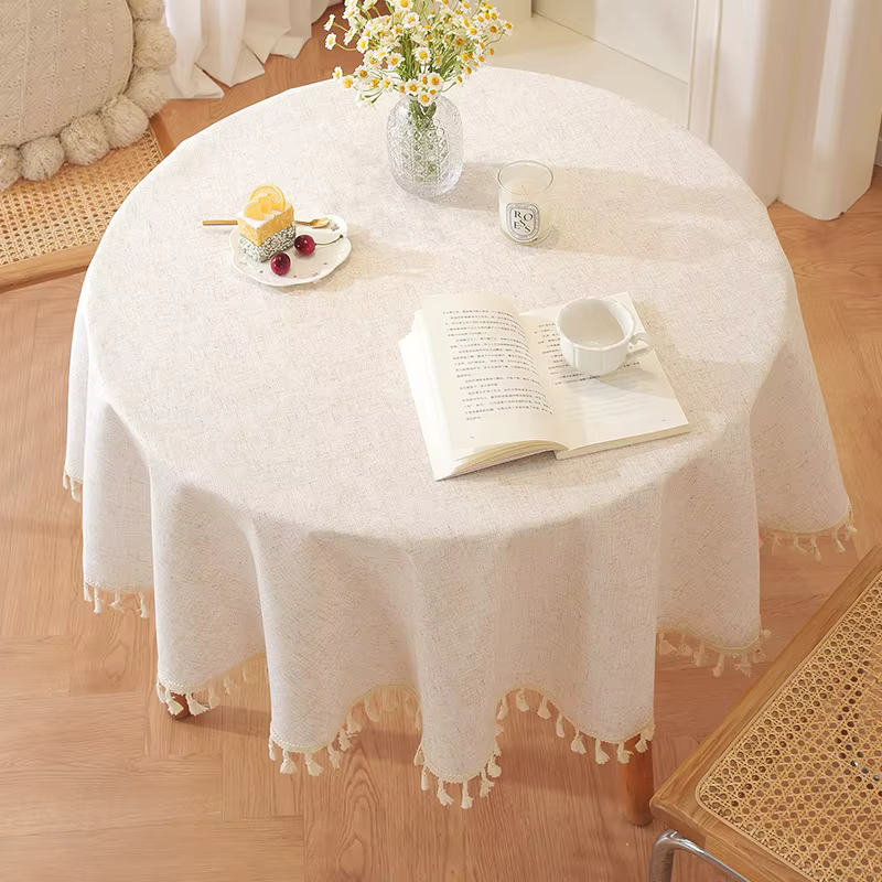 Nappe ronde style ferme, couleur unie, avec pompons, en coton et lin, pour cuisine, salle à manger, 