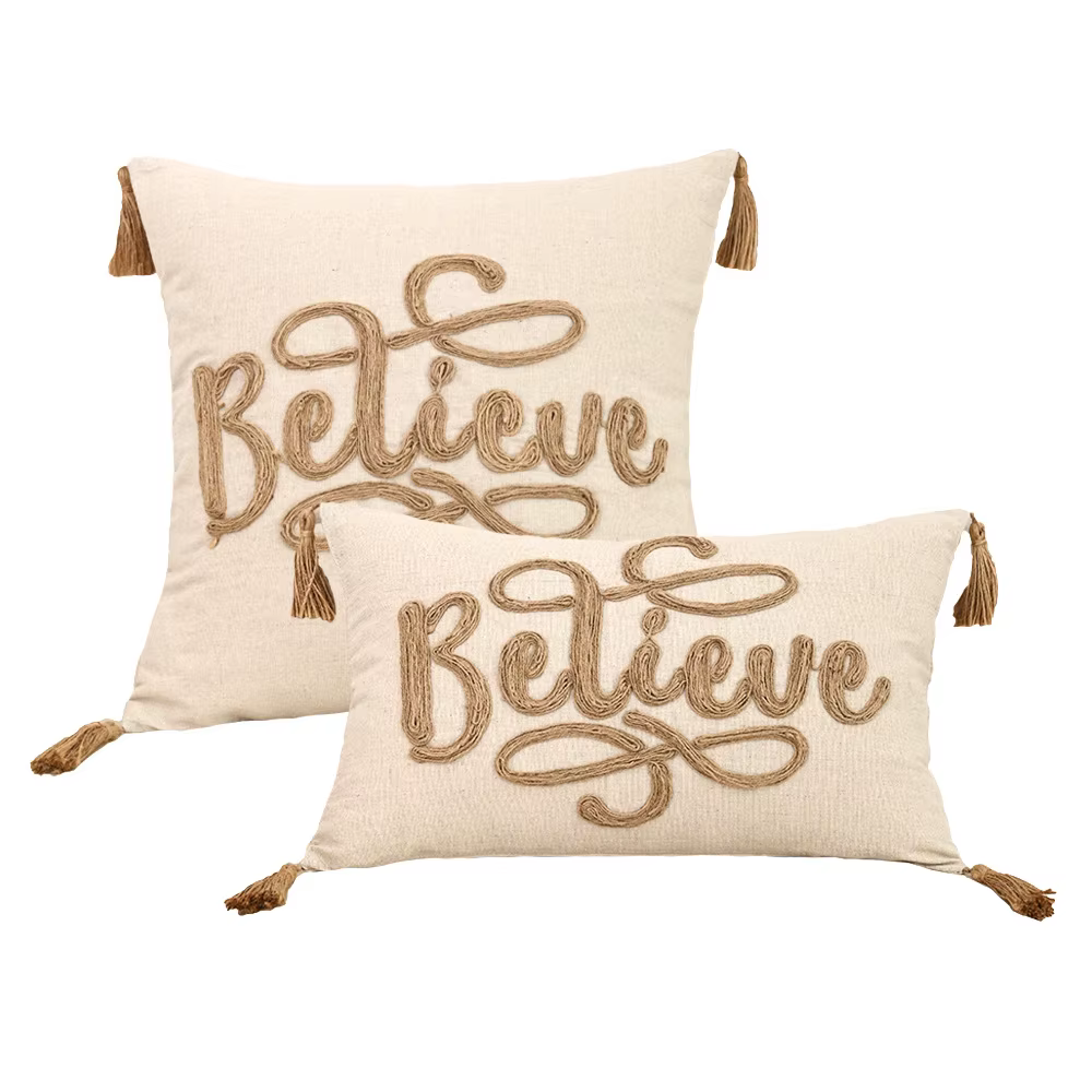 Housse de coussin en lin avec corde brodée, motif lettres et feuilles, franges, glands, luxe élégant