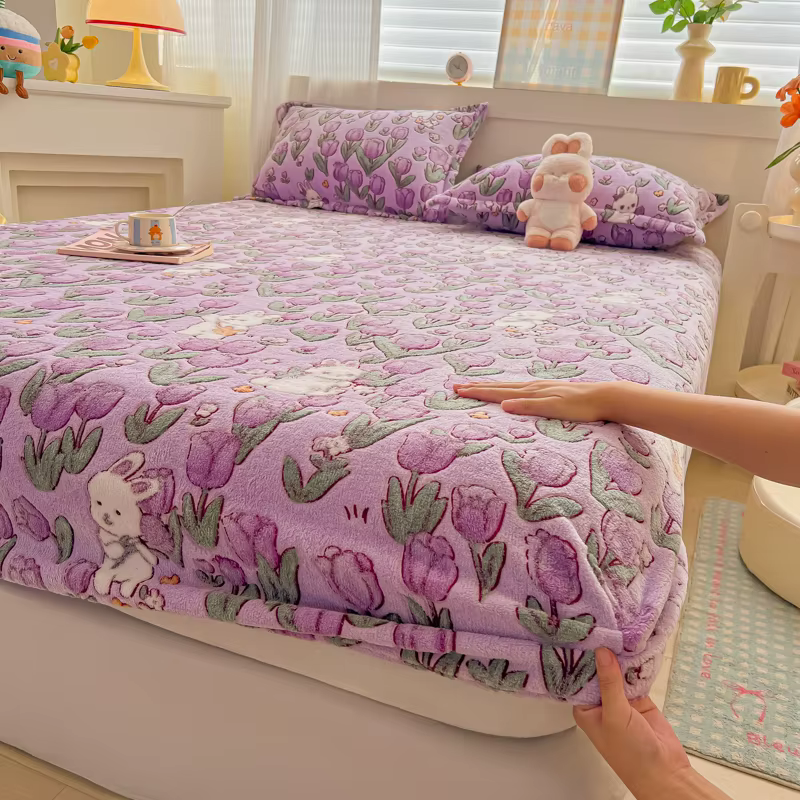 Draps de lit en flanelle polaire pour l'hiver, drap-housse de couleur violette, Style dessin animé s