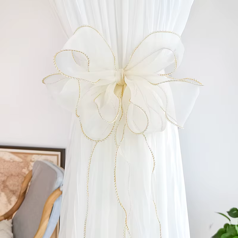 Rideau de fenêtre en dentelle élégante avec nœud floral, sangles de dos, support d'accessoires en ma