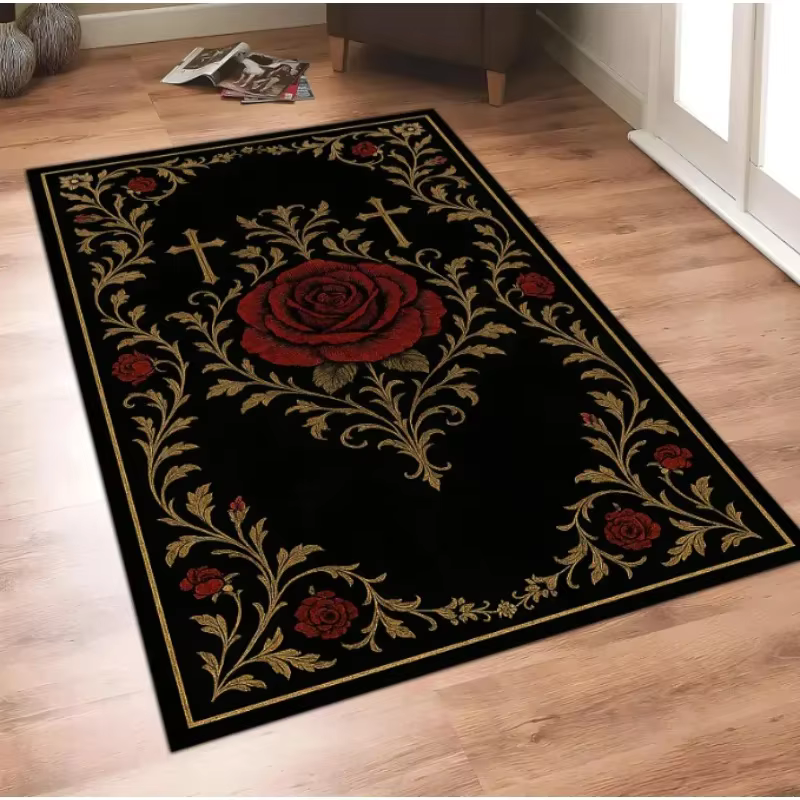 Tapis de bienvenue gothique Rose, motif Floral noir et rouge, avec croix, paillasson de Style Baroqu