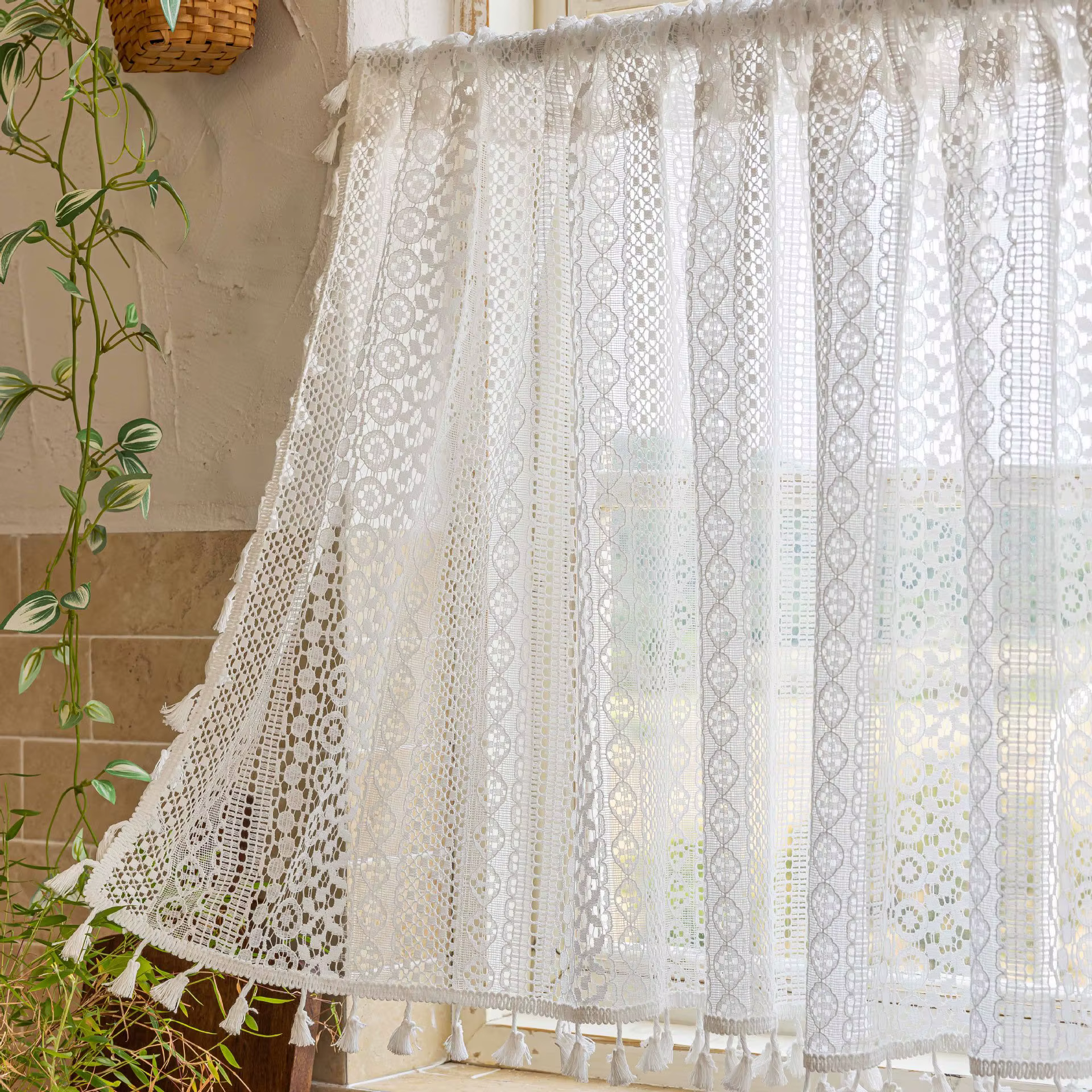Rideau en dentelle pour café de cuisine, rideau court Boho en dentelle transparente au Crochet avec 