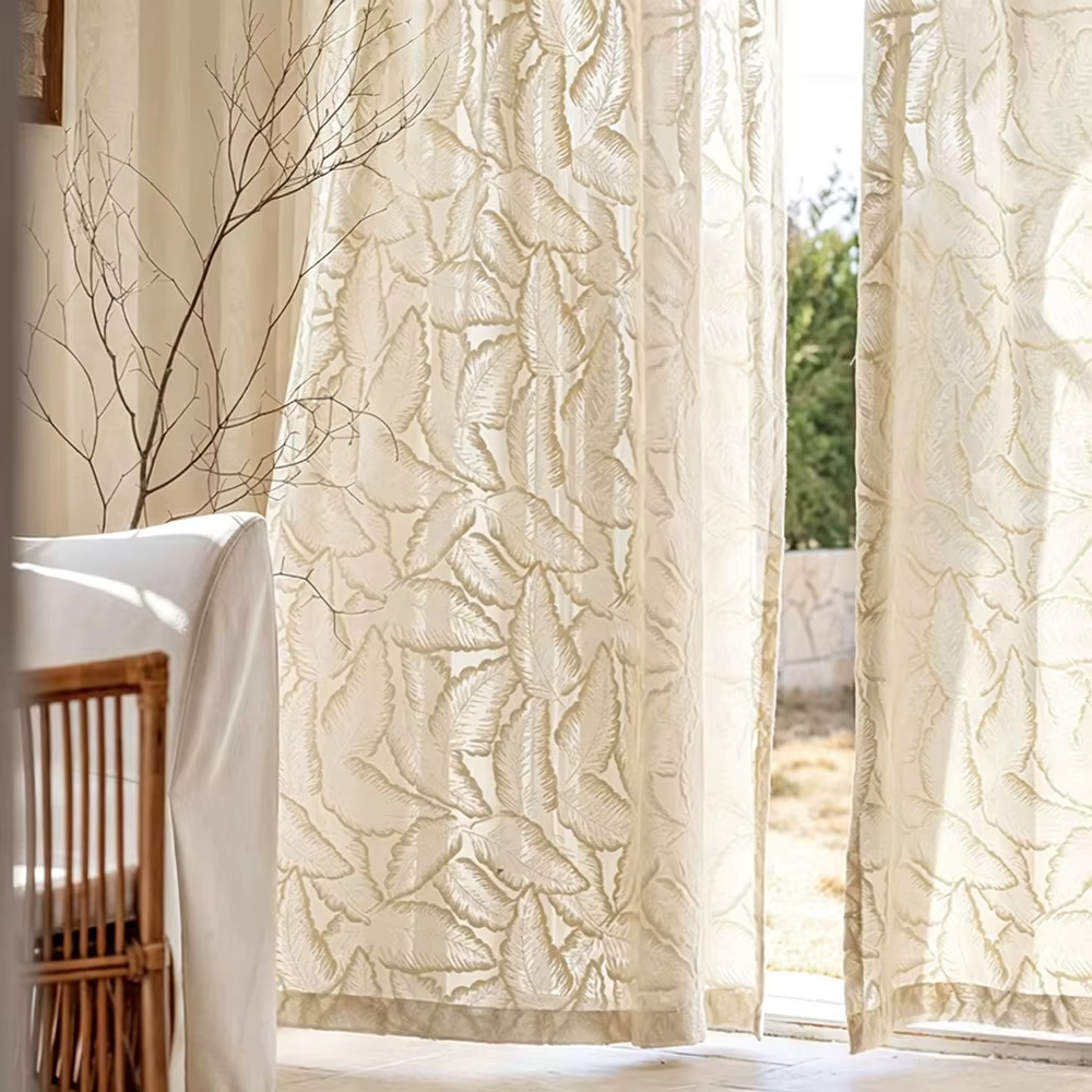 1 rideau transparent moderne brodé de fleurs 3D, installation facile avec Velcro, rideau transparent