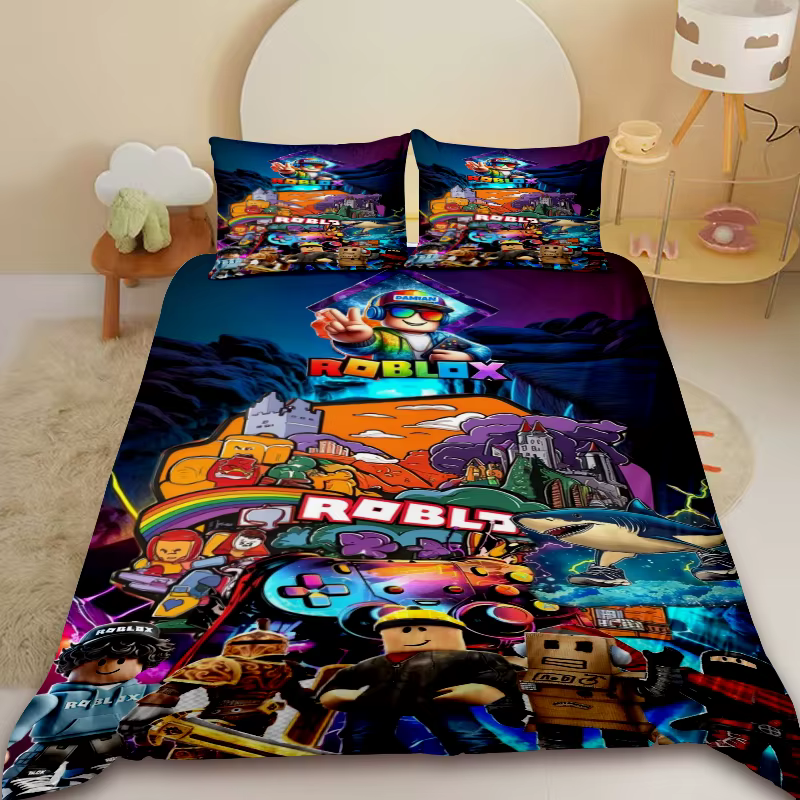 Parure de lit 3 pièces Roblox pour enfants, motif dessin animé, housse de couette Roblox, ensemble d