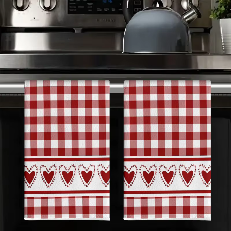 2 pièces, serviettes de cuisine simples à carreaux rouges et blancs en forme de cœur, serviettes de 