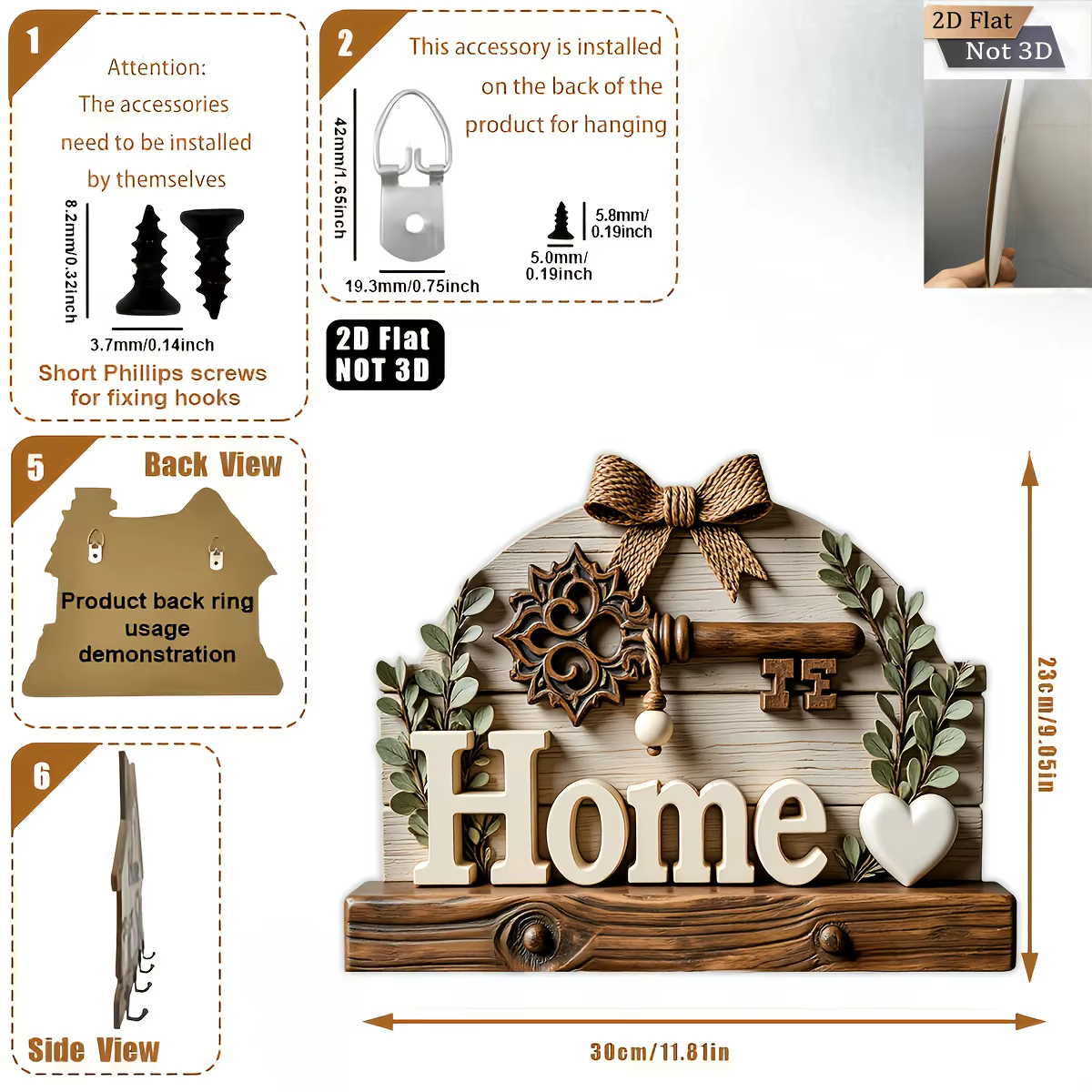 Magnifique porte-clés mural 2D en bois blanc avec inscription « Home », multifonctionnel pour entrée