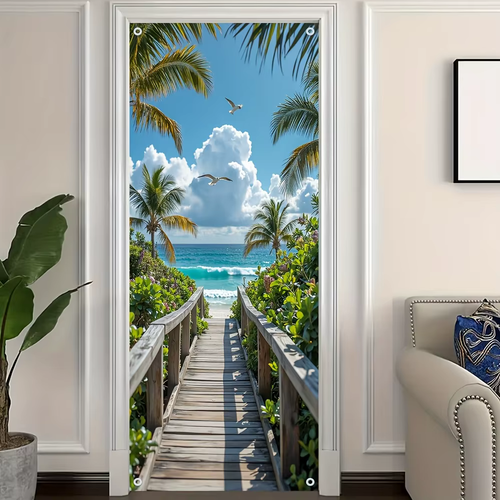Rideau de porte 2D, 1 pièce - Rideau de porte décoratif avec scène de plage tropicale et pont en boi