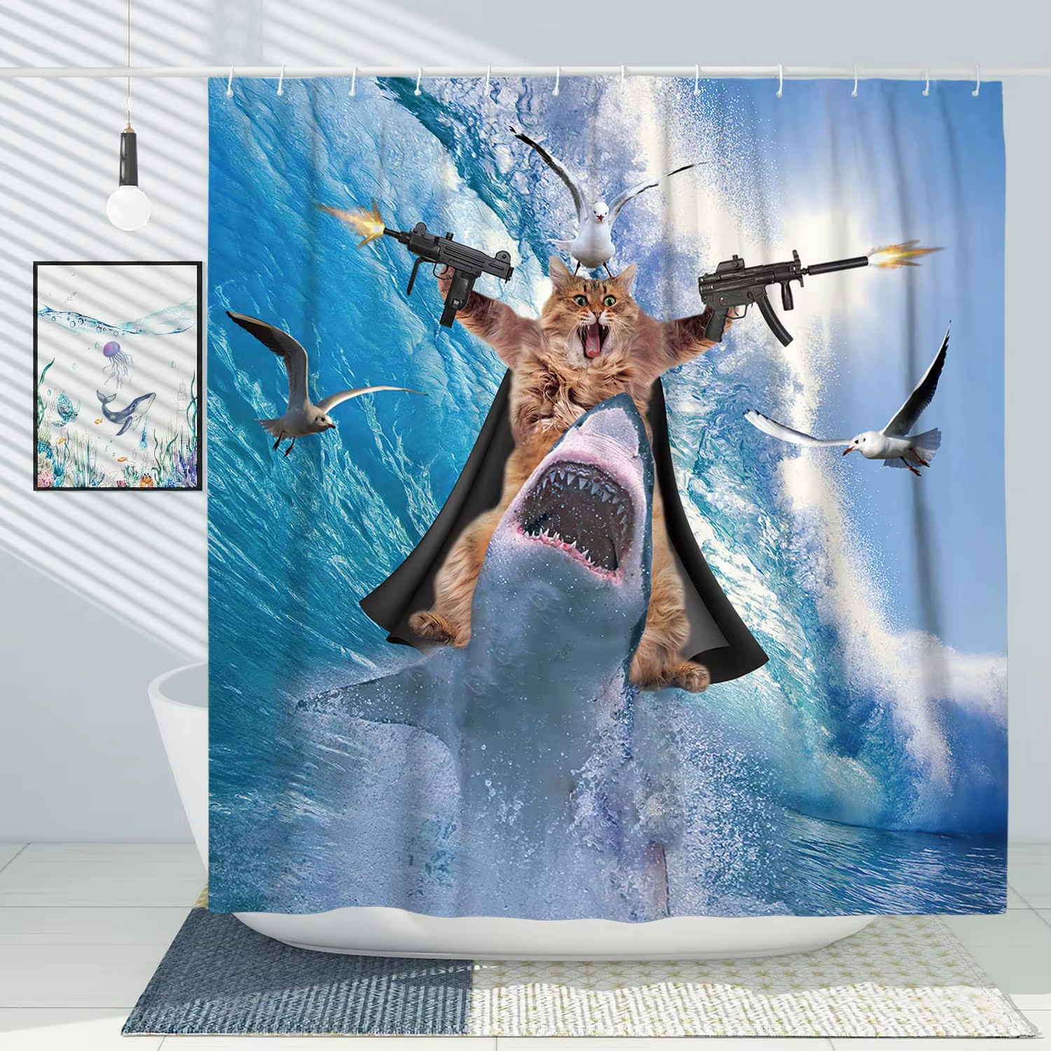 Rideau de douche drôle, chat de mer mignon, requin, baleine, dessin animé, créativité animale, décor