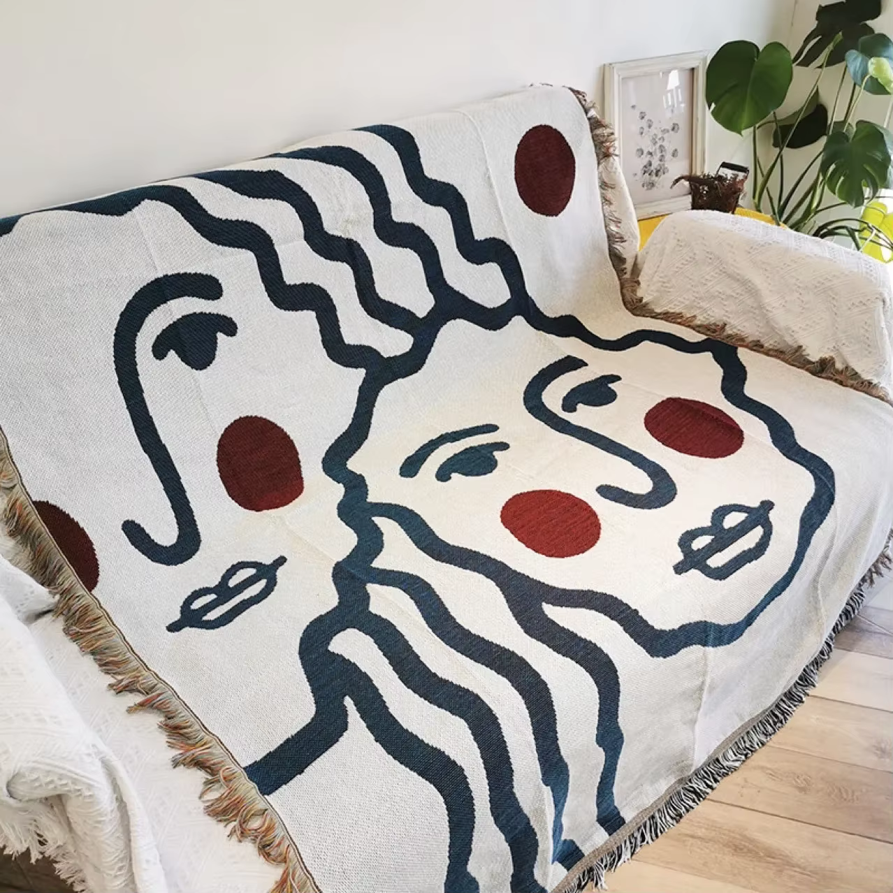 Textile City Couverture à pampilles avec visage abstrait, idéale pour la décoration de canapé intéri