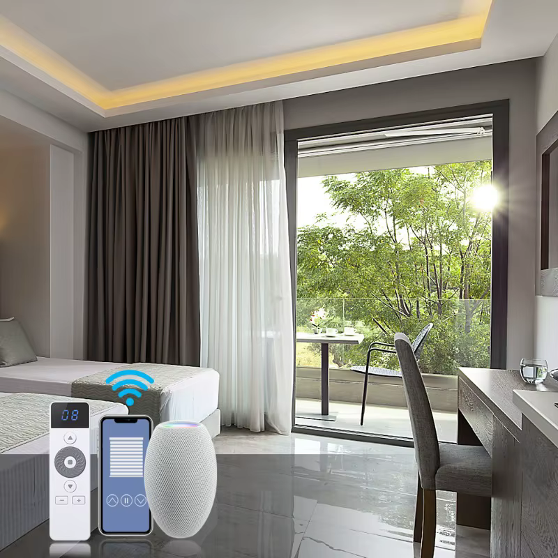 Rideaux motorisés intelligents pour hôtel, rideaux occultants en polyester à télécommande, rideaux e