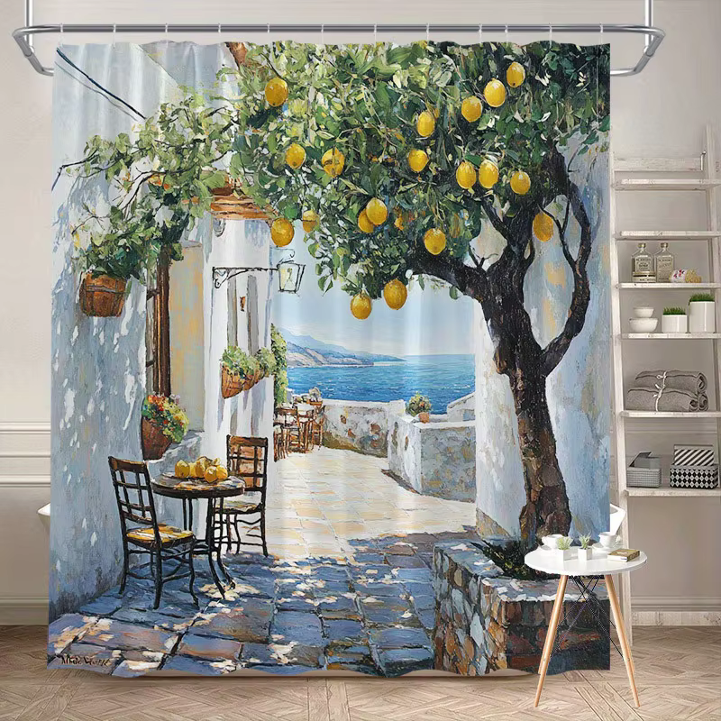 Rideau de douche imperméable avec scène de rue méditerranéenne avec arbre à citron et vue sur l'océa