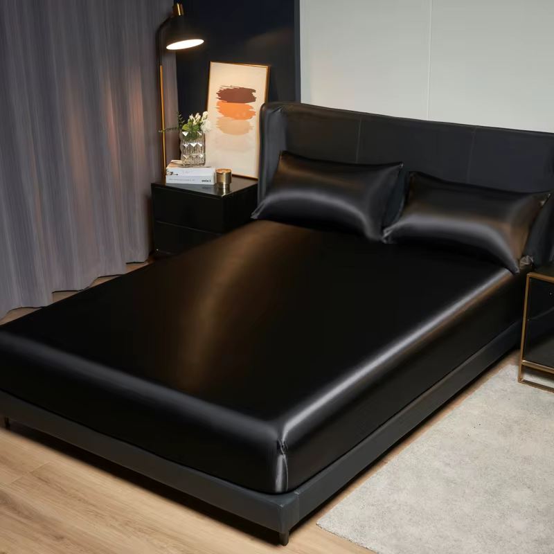 Kuup 100% Polyester 3 pièces surface satinée literie drap-housse et taies d'oreiller ensemble bande