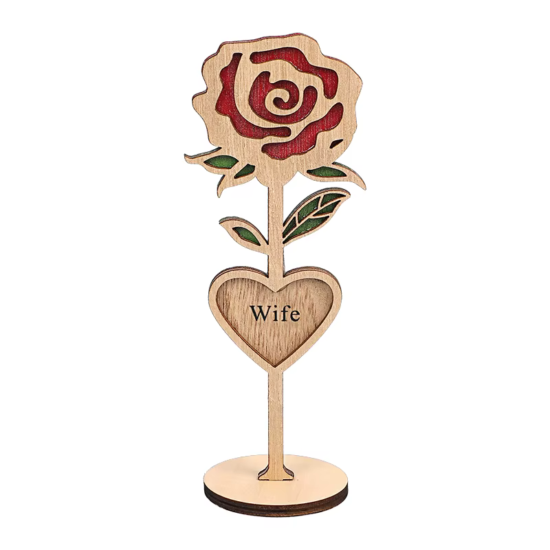 Rose en bois avec Base, cadeau de fête des mères, décoration de bureau pour la maison, ornements pou