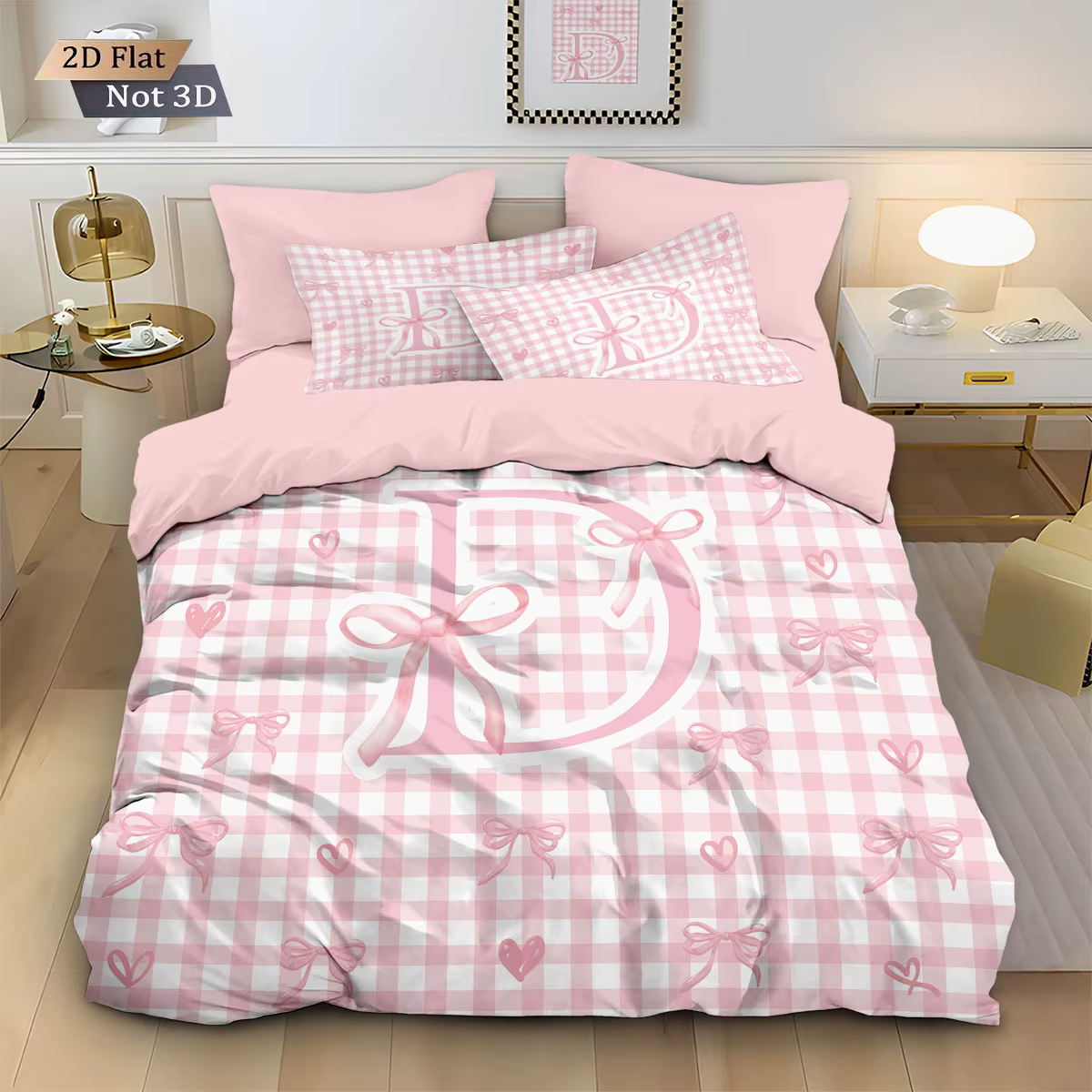 Ensemble de housse de couette sans noyau imprimé en D avec nœud rose, décoration de literie de chamb