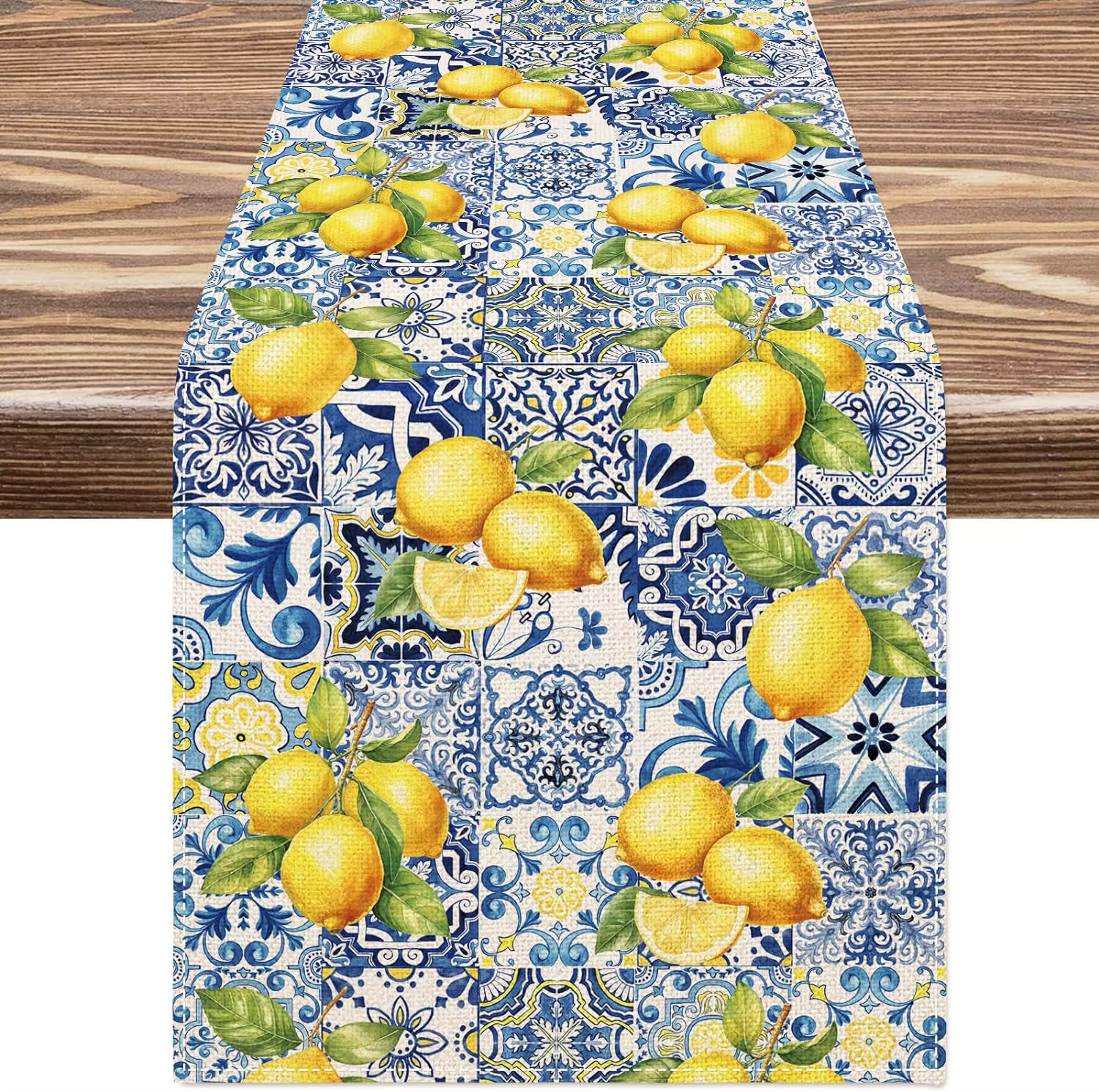Chemin de Table en lin avec carreaux de citron d'été, décor de fête de vacances, cuisine de ferme ré