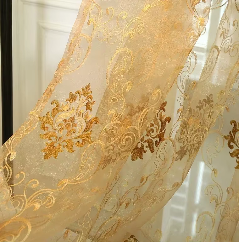 Rideaux dorés de luxe européens pour salon chambre à coucher, Tulle brodé transparent imprimé ombrag
