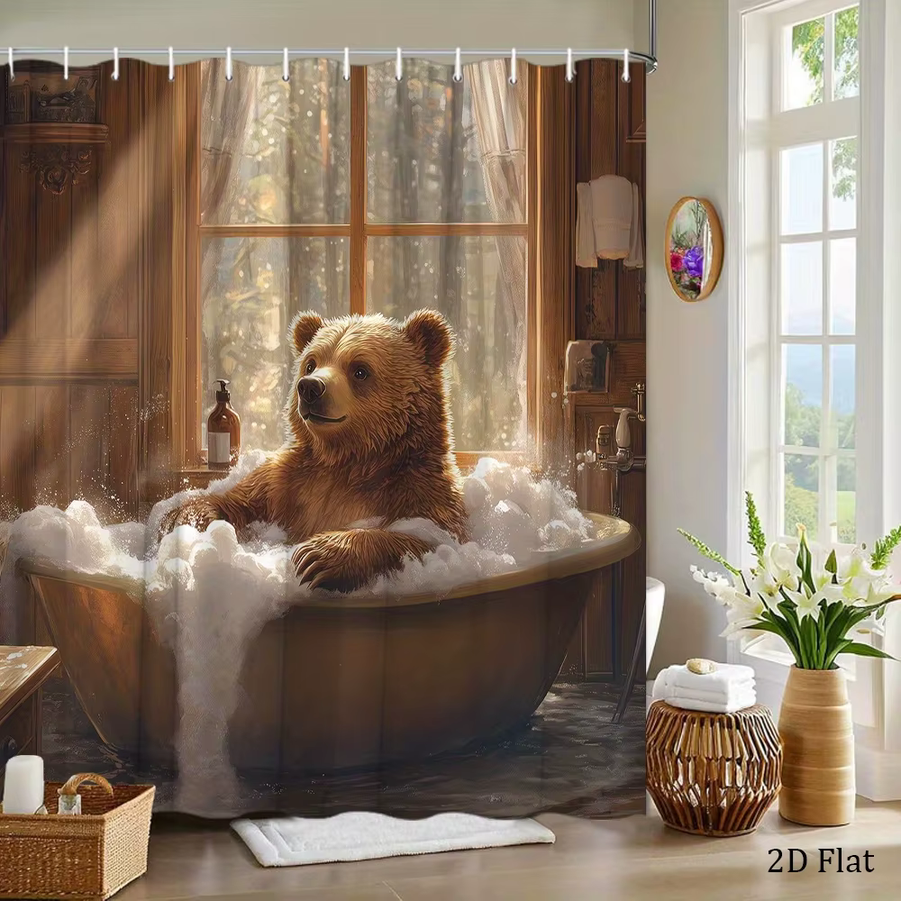 Rideau de douche avec un ours brun amusant qui prend un bain dans une baignoire, décoration de salle