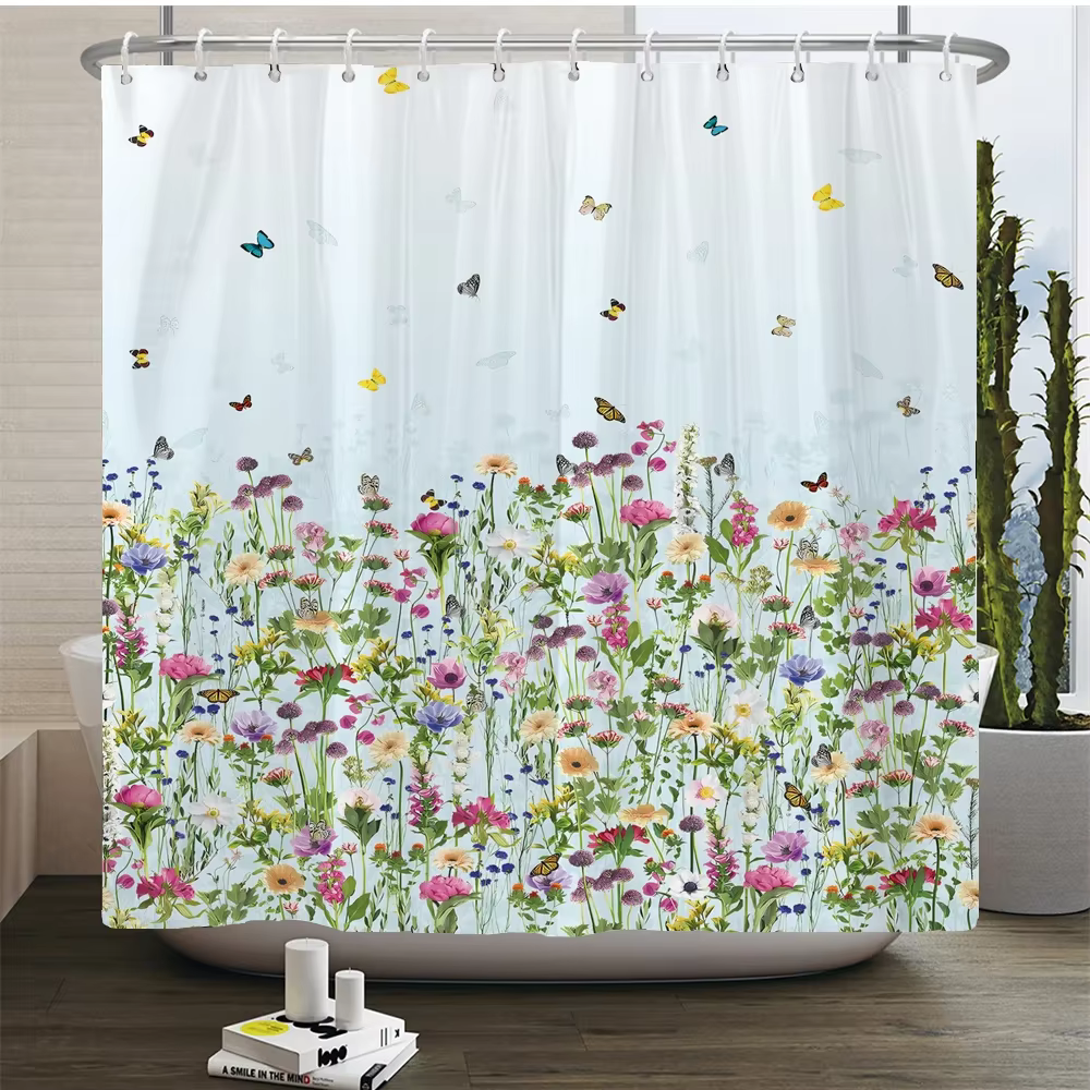 Rideau de douche floral en polyester avec crochets, fleurs élégantes, décoration de bain, lavable en