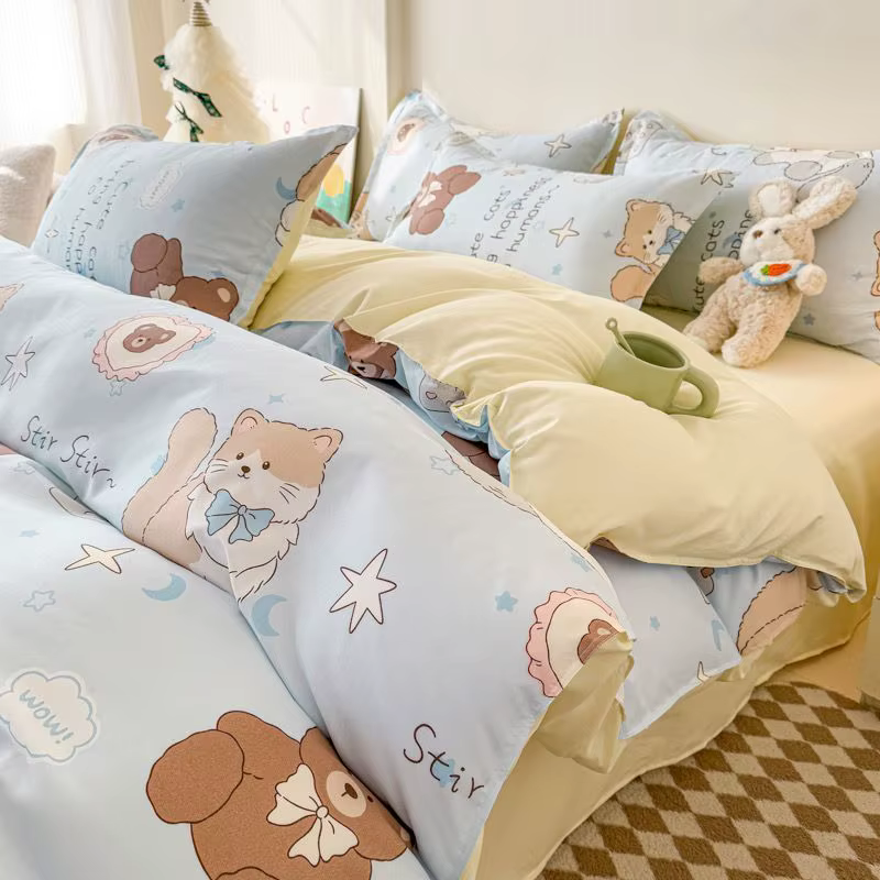 Ensemble de housse de couette chat mignon avec fermeture éclair, drap plat, taies d'oreiller, sans r