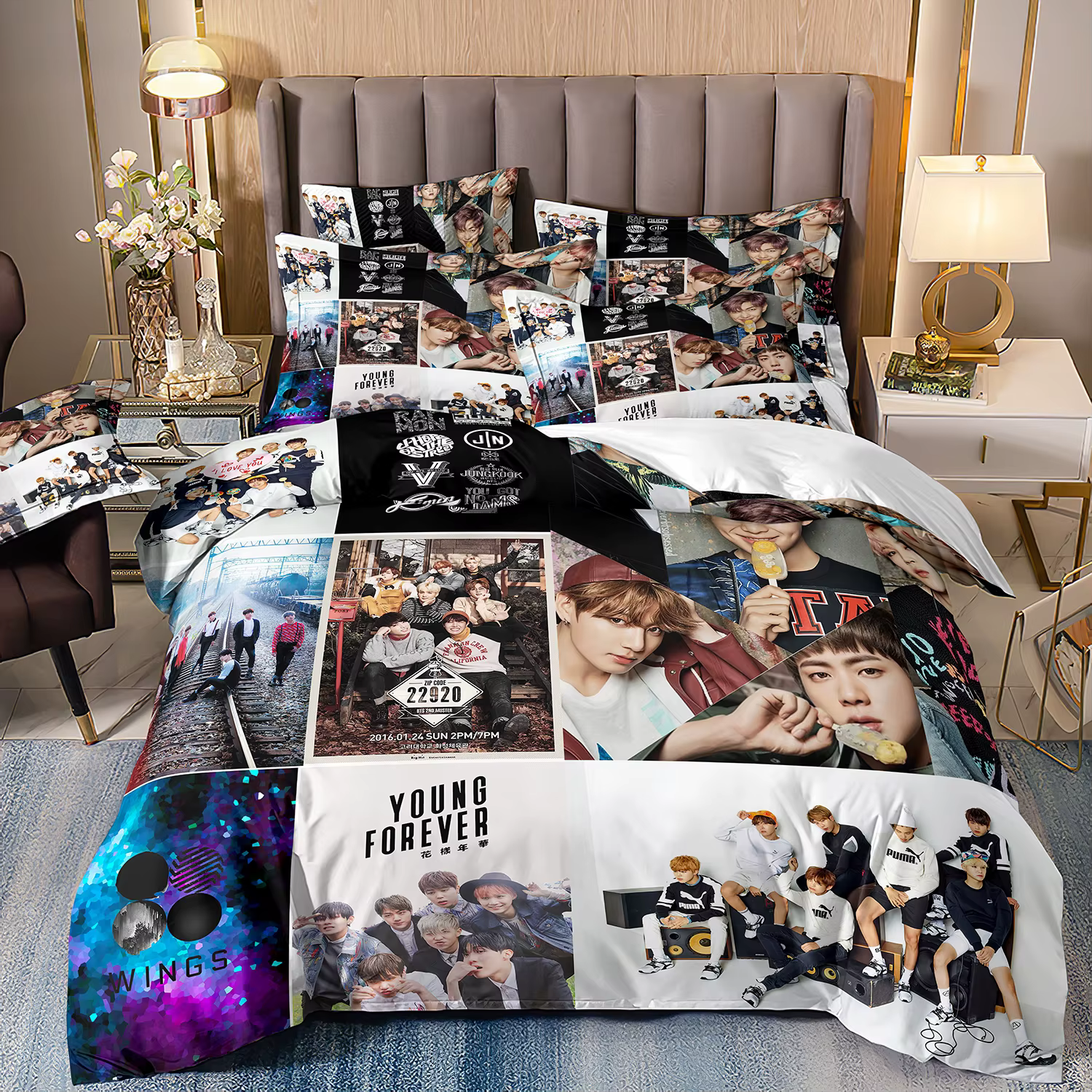 Parure de lit BTS pour hommes, ensemble de literie 3 pièces toutes saisons pour lit double, housse d