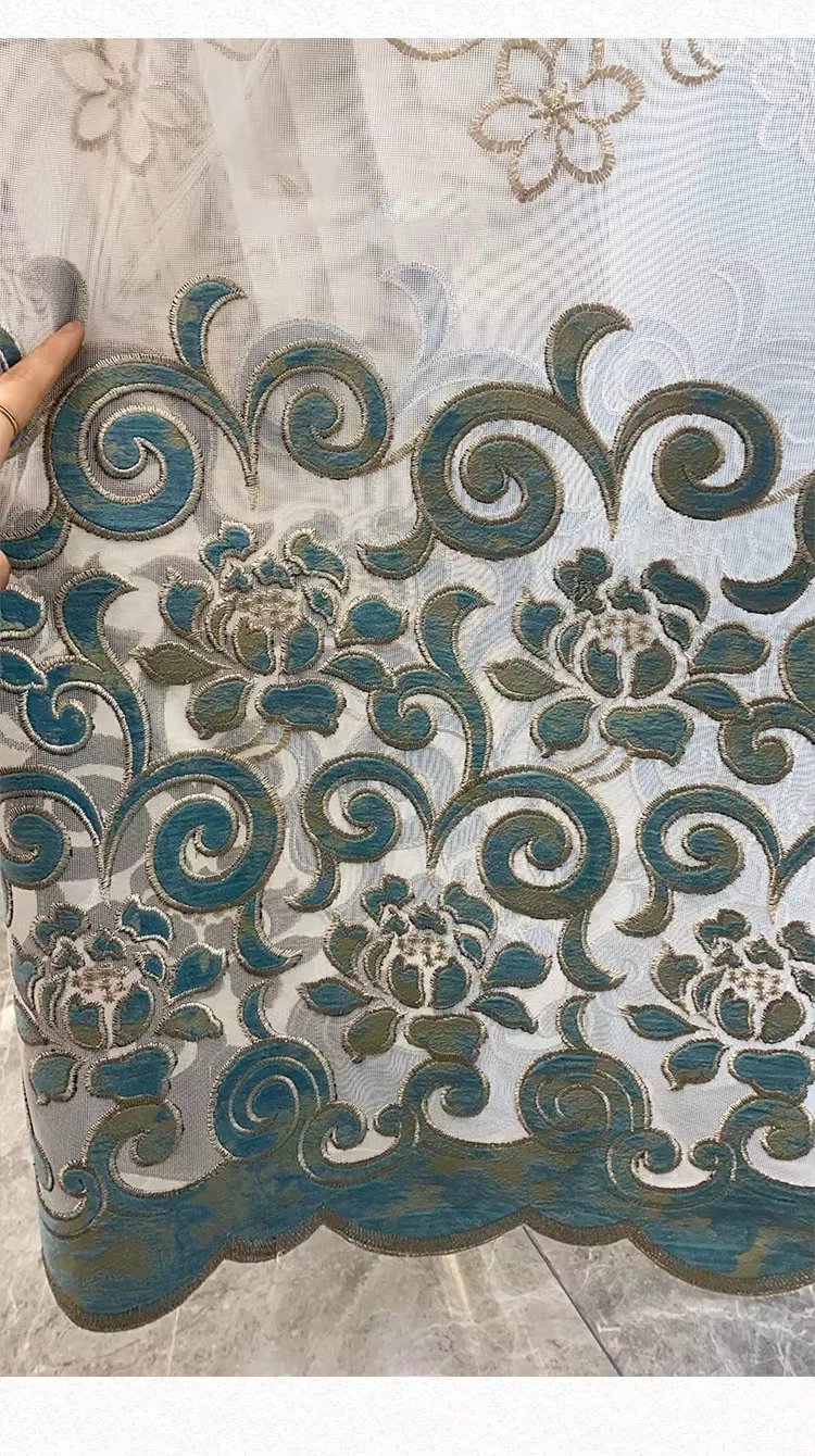 Rideaux de fenêtre brodés ajourés en velours Beige bleu or chaud, pour salon chambre à coucher, fenê
