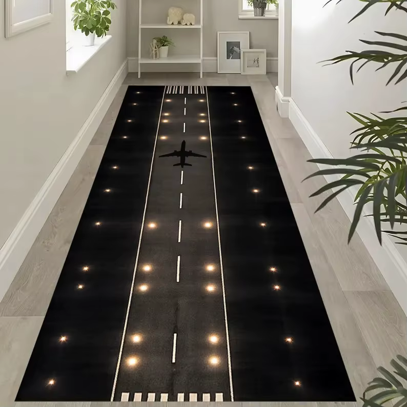 Tapis de couloir antidérapant long à motif piste d'atterrissage d'aéroport, tapis doux à thème avion