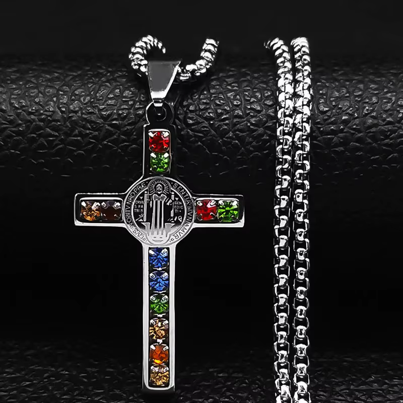 Collier en acier inoxydable avec croix de jésus catholique, pendentif en cristal de Saint benoît, vi