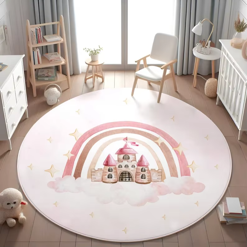 Tapis rond rose motif château nuage arc-en-ciel pour chambre, canapé, table basse, entrée, décoratio
