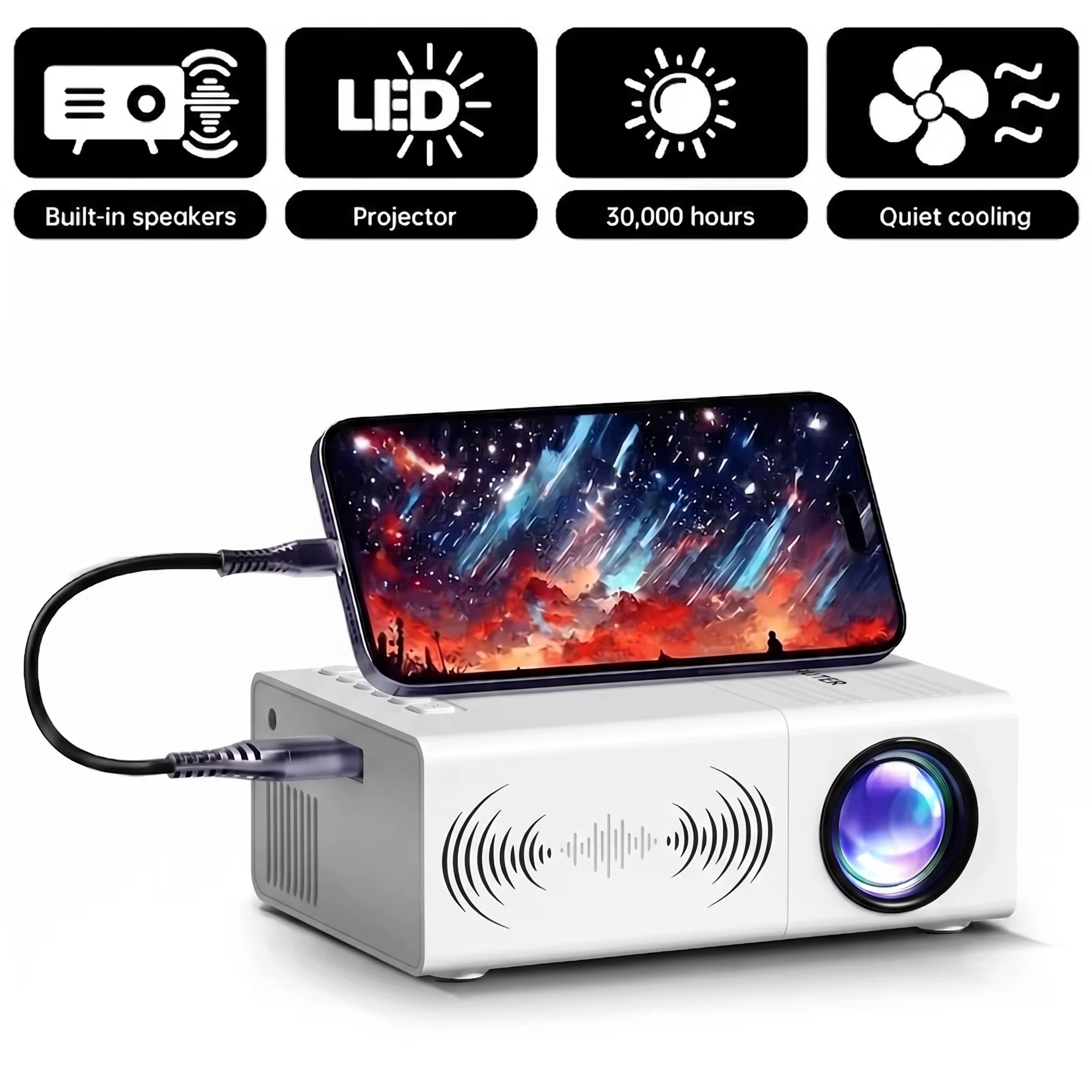 Mini projecteur HD effet home cinéma, haut-parleur intégré, pour la maison/le bureau/l'école/les fêt