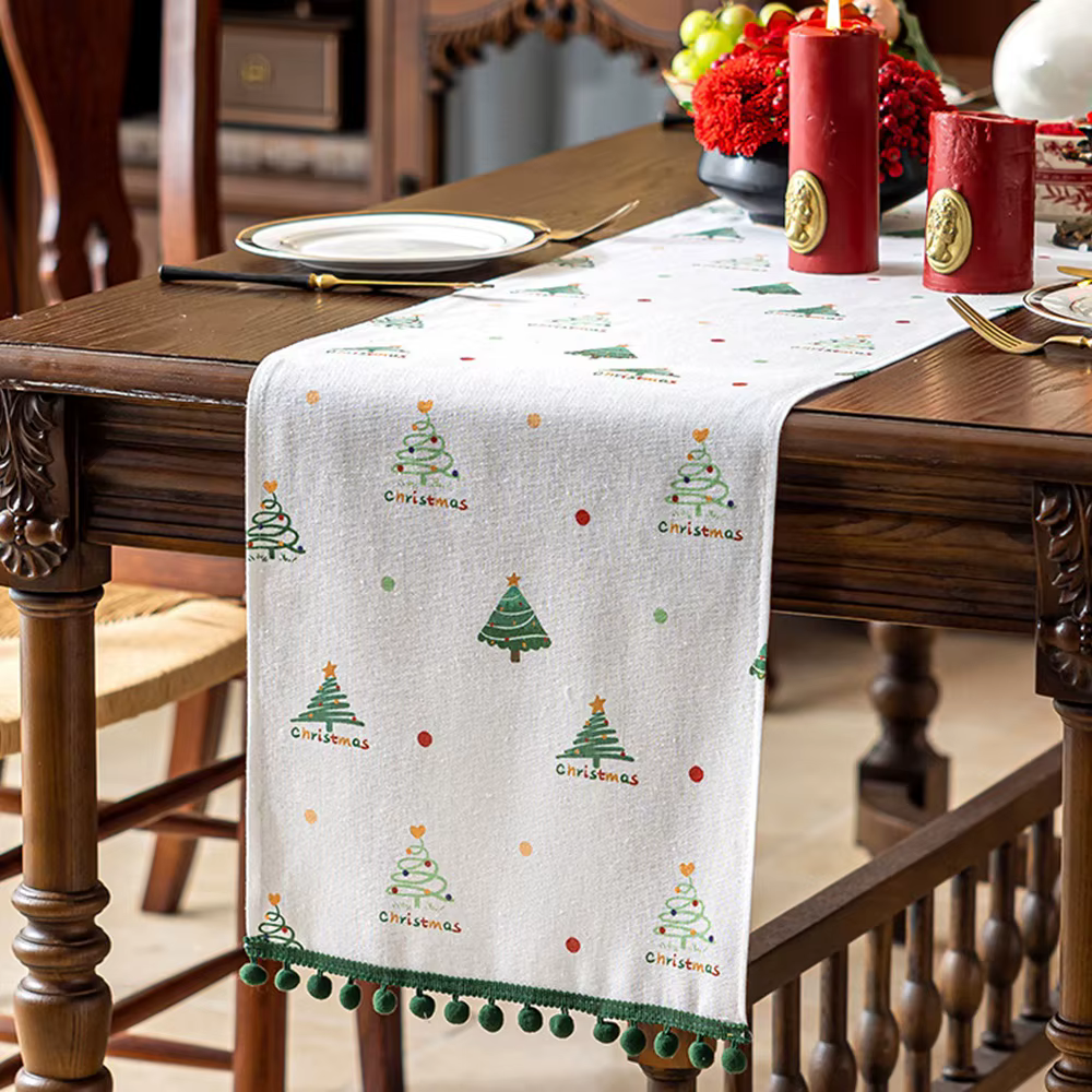 Chemin de Table de noël, décoration de maison avec Pom Pom, meubles en lin, décoration de Table rust