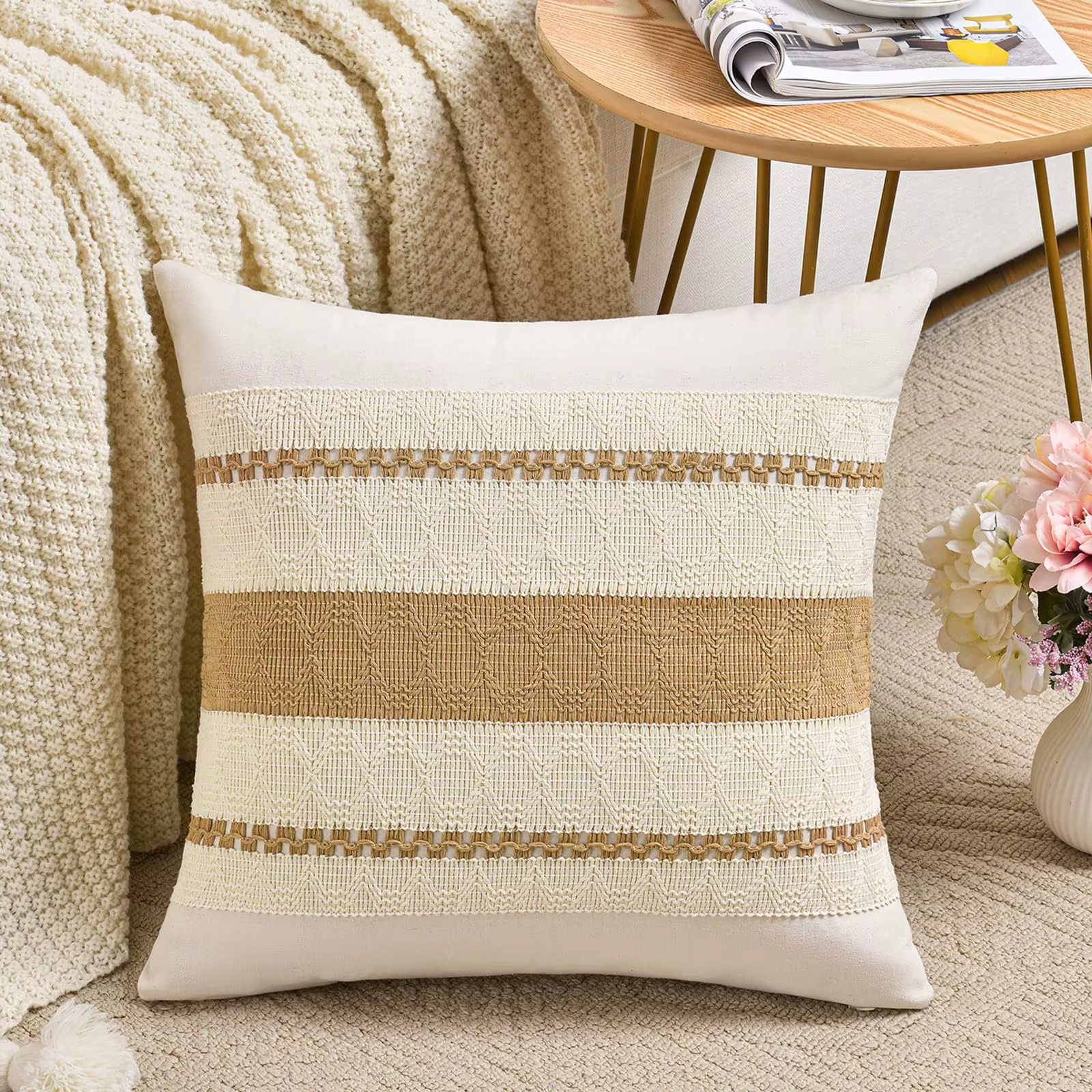 Housses de coussin décoratives bohèmes vert sauge 18x18 pouces, coussins de canapé rustiques style f