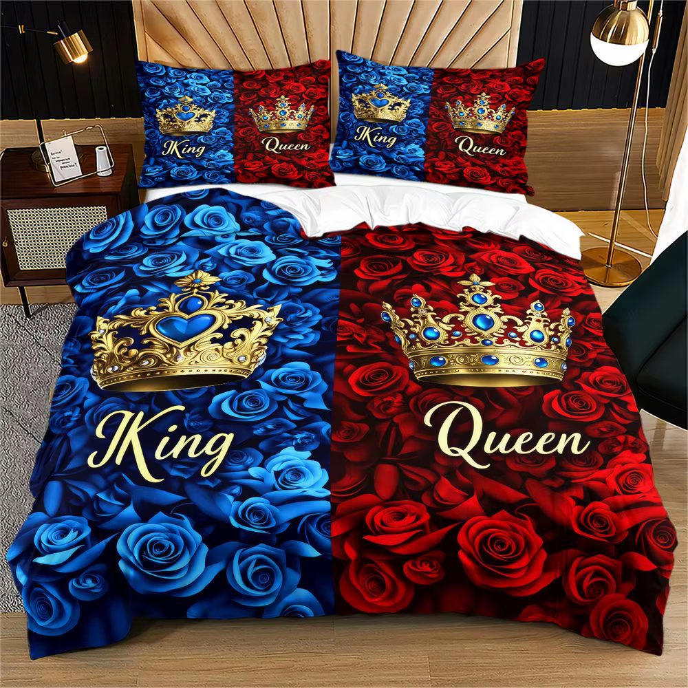 Parure de lit King Queen Crown, motif floral romantique rouge et bleu, imprimé numérique, housse de 