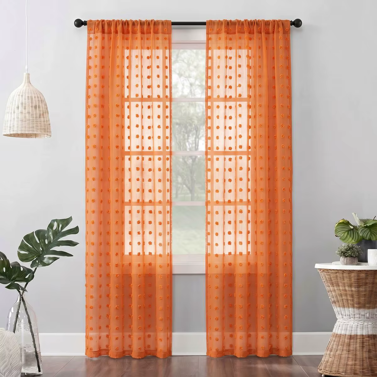 Voilage Orange à Pompons, Rideau en Voile Jacquard 3D à Pompons avec Passe-Tringle, Filtrant la Lumi