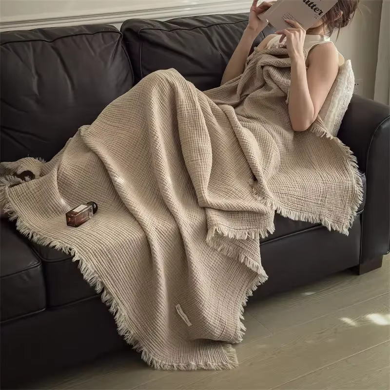 Couverture tricotée à franges en pur coton, gaze à Six couches, 100 coton, châle, rétro, pour canapé