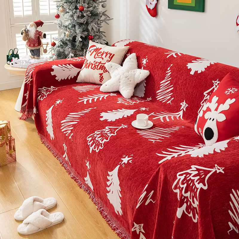 Juste de canapé de Noël chenille rouge double face, couvertures de lit, décoration de salon, maison 