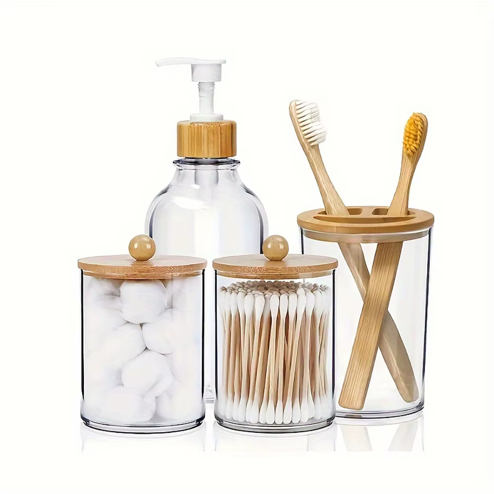 Ensemble d'accessoires de salle de bain en bambou, décor Boho rustique, distributeur de savon, porte