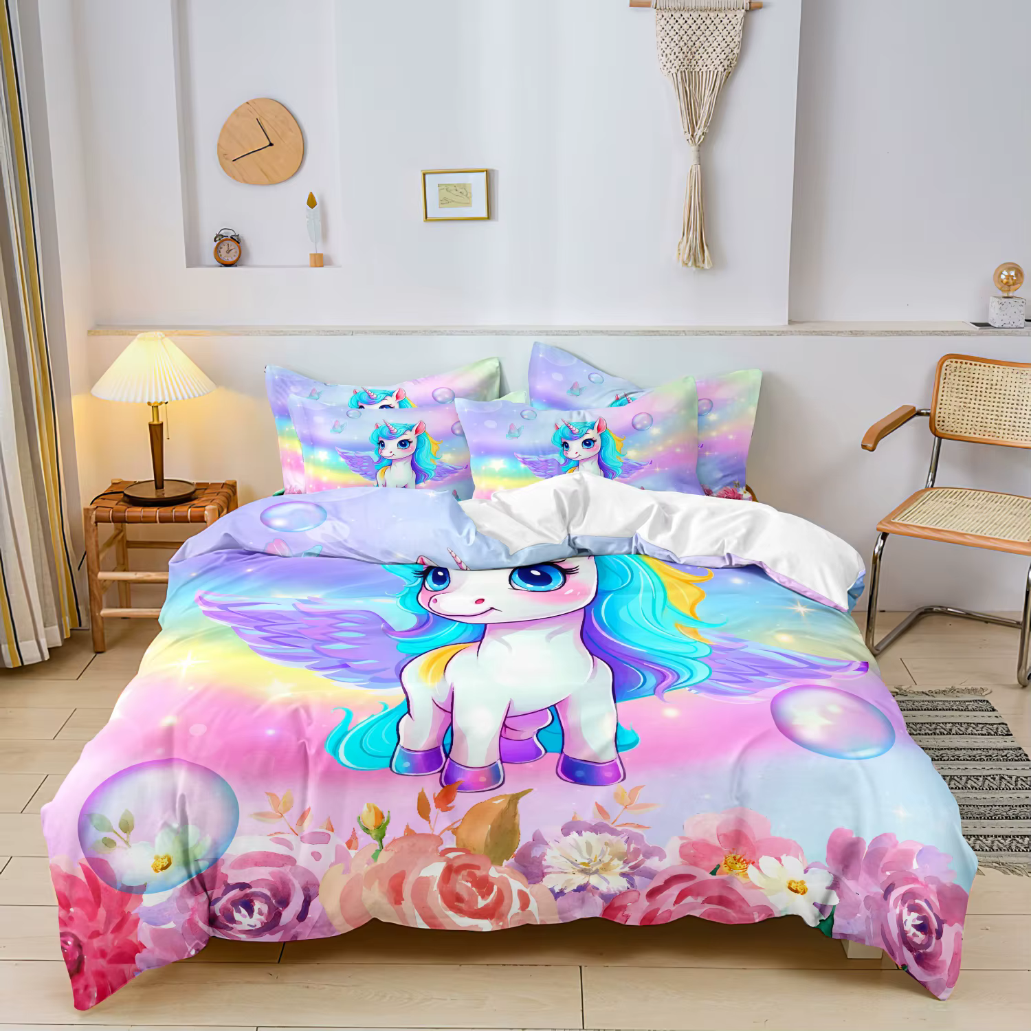 Ensemble de 3 pièces de housse de couette imprimée licorne rose et violette, adapté à la chambre à c