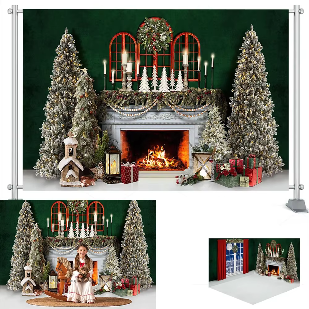Fond de chambre de Noël pour séance photo enfant, portrait familial, papier peint vert, forêt d'hive