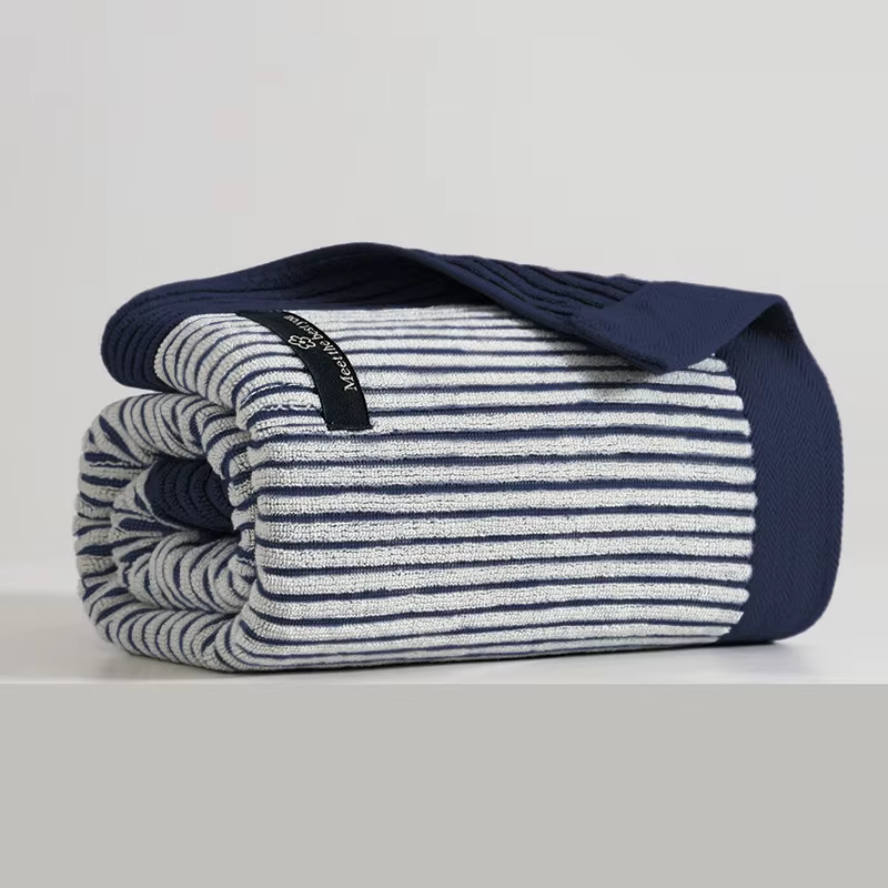 Serviette de Bain Rayée en Coton de Haute Qualité 7A, Luxueuse, Douce, Absorbante, Antibactérienne, 