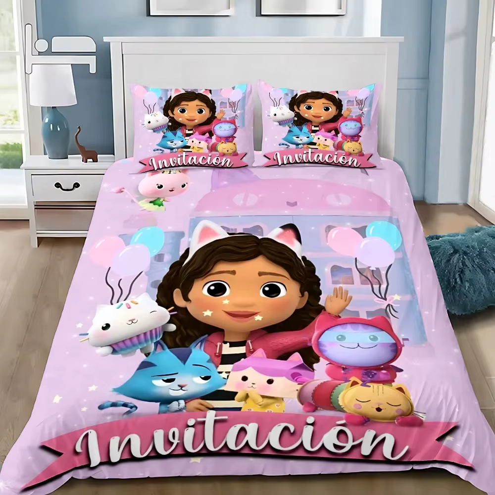 Parure de lit dessin animé Gabby's Dollhouse – Housse de couette et taies d'oreiller pour chambre d'