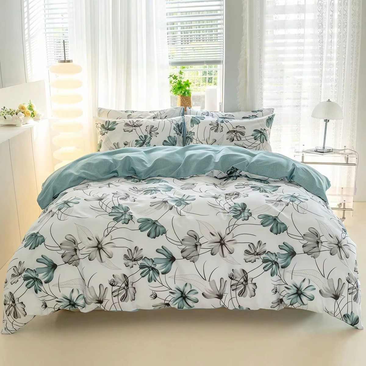 Ensemble de housse de couette réversible à imprimé floral aquarelle gris turquoise, 3 pièces, univer