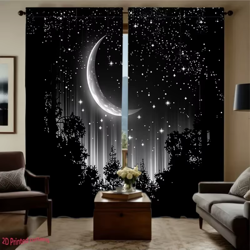 Rideau occultant à passe-tringle, motif étoiles et lune rêveuses, croissant de lune, météore, silhou